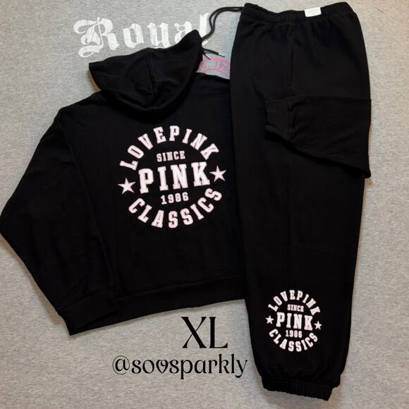 VS PINK Limited Edition Pure Black Pink Classic Fleece Full Zip & Sweatpants Set - Picture 1 of 11